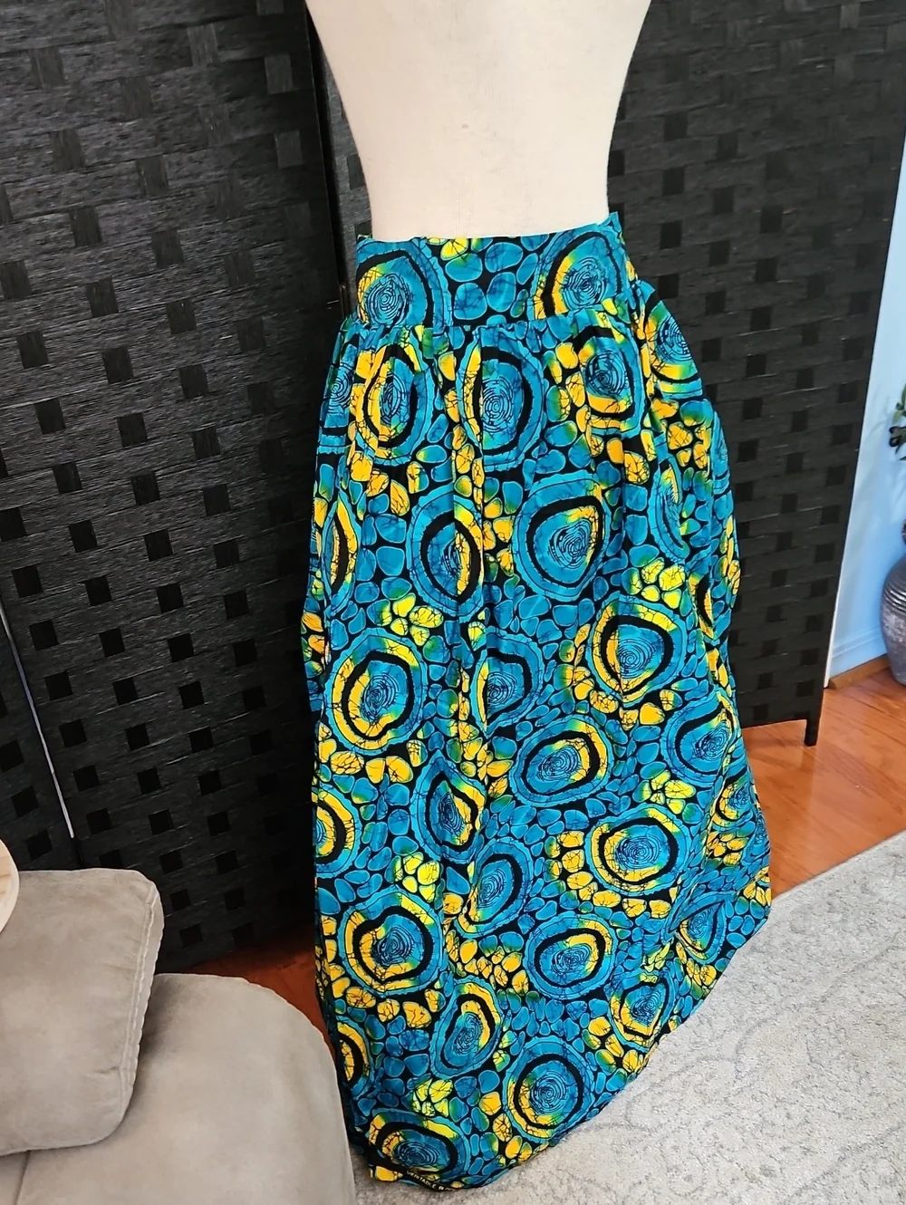 Veritable Block Prints Super Original Vibrant Blue & Yellow Patterned Maxi Skirt
